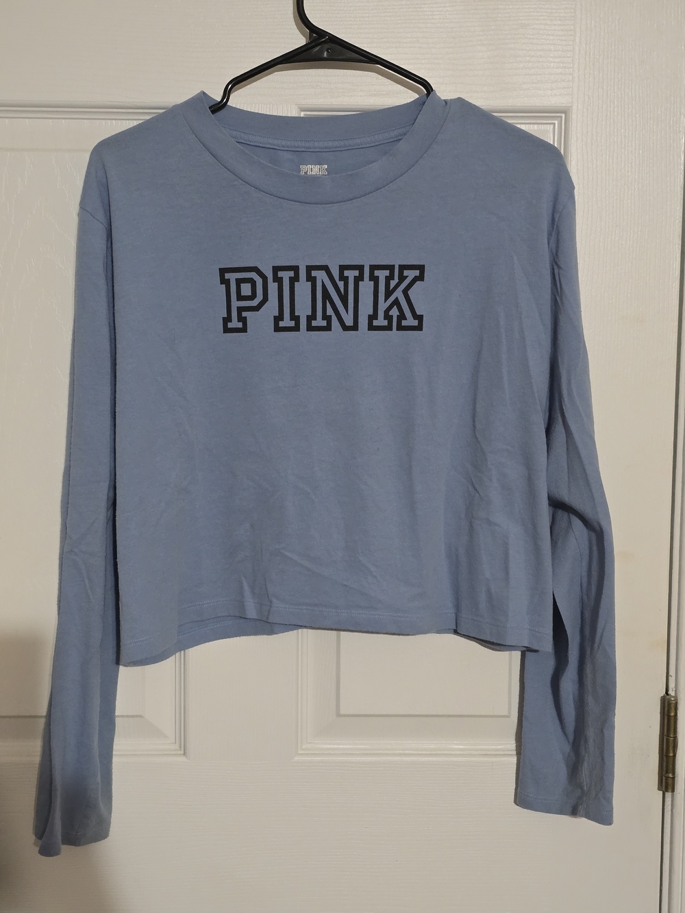 PINK Victoria's Secret Sky Blue Long Sleeve Cropped Crew Tee with Black Logo
